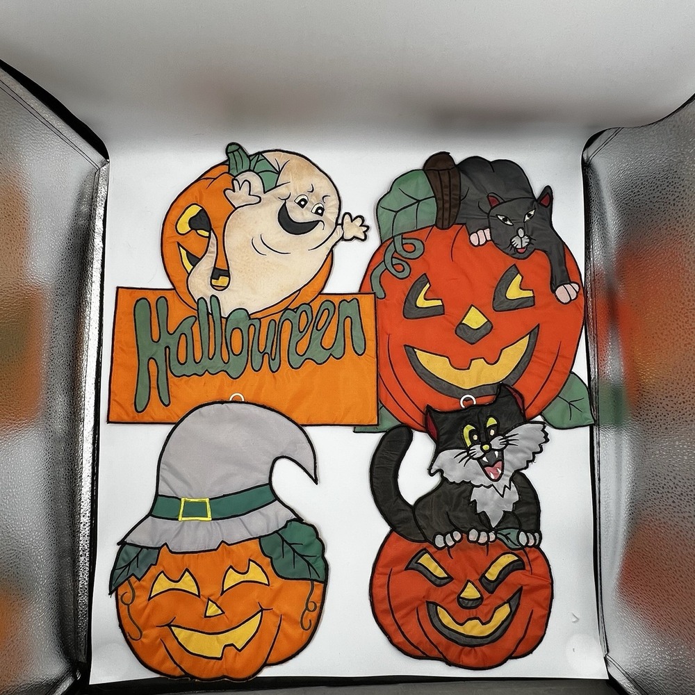 Vintage Puffy Fabric Halloween ‎ Wall Hangs  Pumpkin Jack O Lantern Black Cat